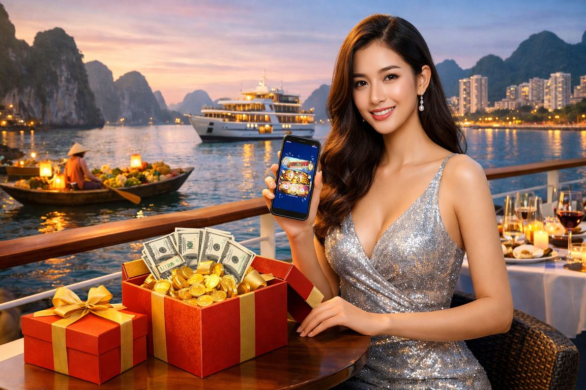 Người dùng tại vịnh Hạ Long thưởng thức casino mobile và theo dõi jackpot trên điện thoại