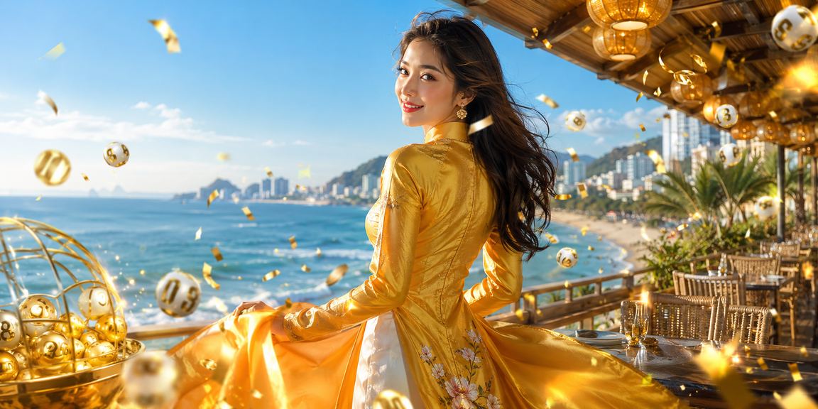 Người phụ nữ mặc áo dài tại Vũng Tàu vui mừng nhận giải thưởng xổ số và cá cược trực tuyến